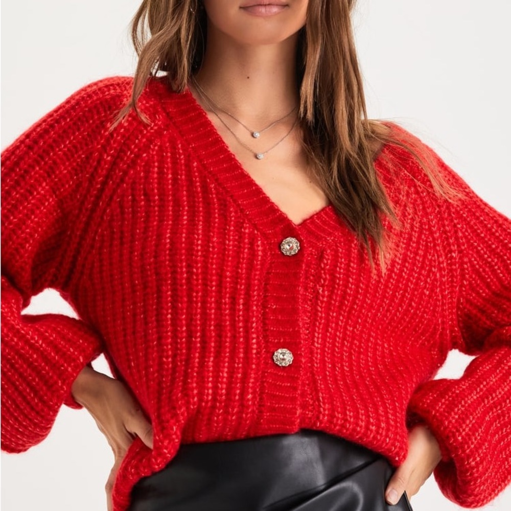 Sparkling Season Red Rhinestone Button-Up Cardigan Sweater
